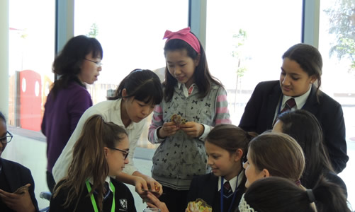 2014年1月26日中国文化小大使团的团员们和阿联酋扎耶德大学孔院合作伙伴阿莱茵布莱顿学校的学生午饭时在亲切交谈